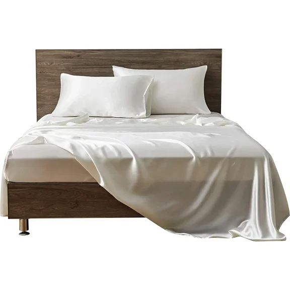 Cloud Fino 4 Pc Silk Satin Sheets Set|Silk Satin Fitted Sheet|Silk Satin Flat Sheet|Silk Pillowcase|4 Pc| Hotel Quality Sheets !!(Ivory/King)