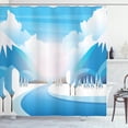 thumbnail image 1 of Northwoods Shower Curtain, Rural Pastoral Scene with Snow Covered Trees and River Bed Idyllic, Fabric Bathroom Set with Hooks, 69W X 84L Inches Extra Long, Blue Sky Blue White, by Ambesonne, 1 of 3