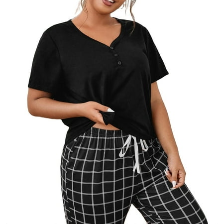

Black Casual Plaid V neck Pant Sets Short Sleeve Women s Plus Size Pajama Sets