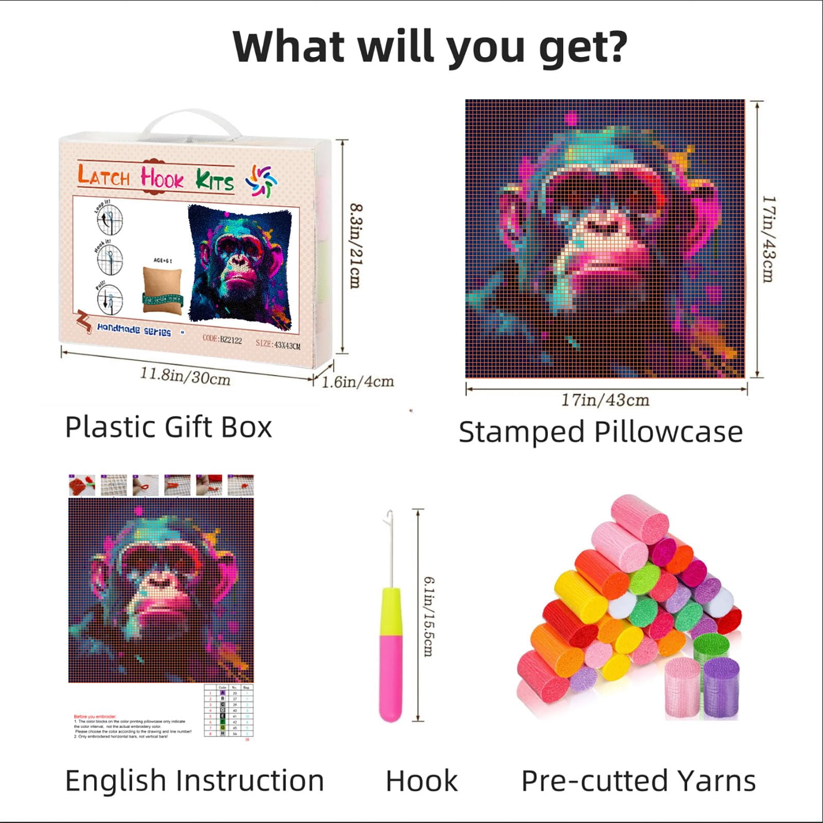 Colorful Cute Monkey DIY Latch Hook Pillow Kits for Adults Printed Pillowcase Crochet Yarns Hooking Handmade Pillow Cover Cushion for Home Sofa Decoration 17x17inch