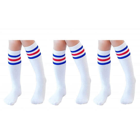 FLORNIX 3 Pairs Toddler Soccer Socks Knee High Tube Socks Three Stripes Cotton Cute Sport Stocking for Boys Girls