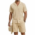 thumbnail image 3 of Bovxnpu Men 2 Piece Linen Set Beach Outfits Cotton Linen Men Short Sleeve Button Collar Shirt Beach Shorts Set, 3 of 7