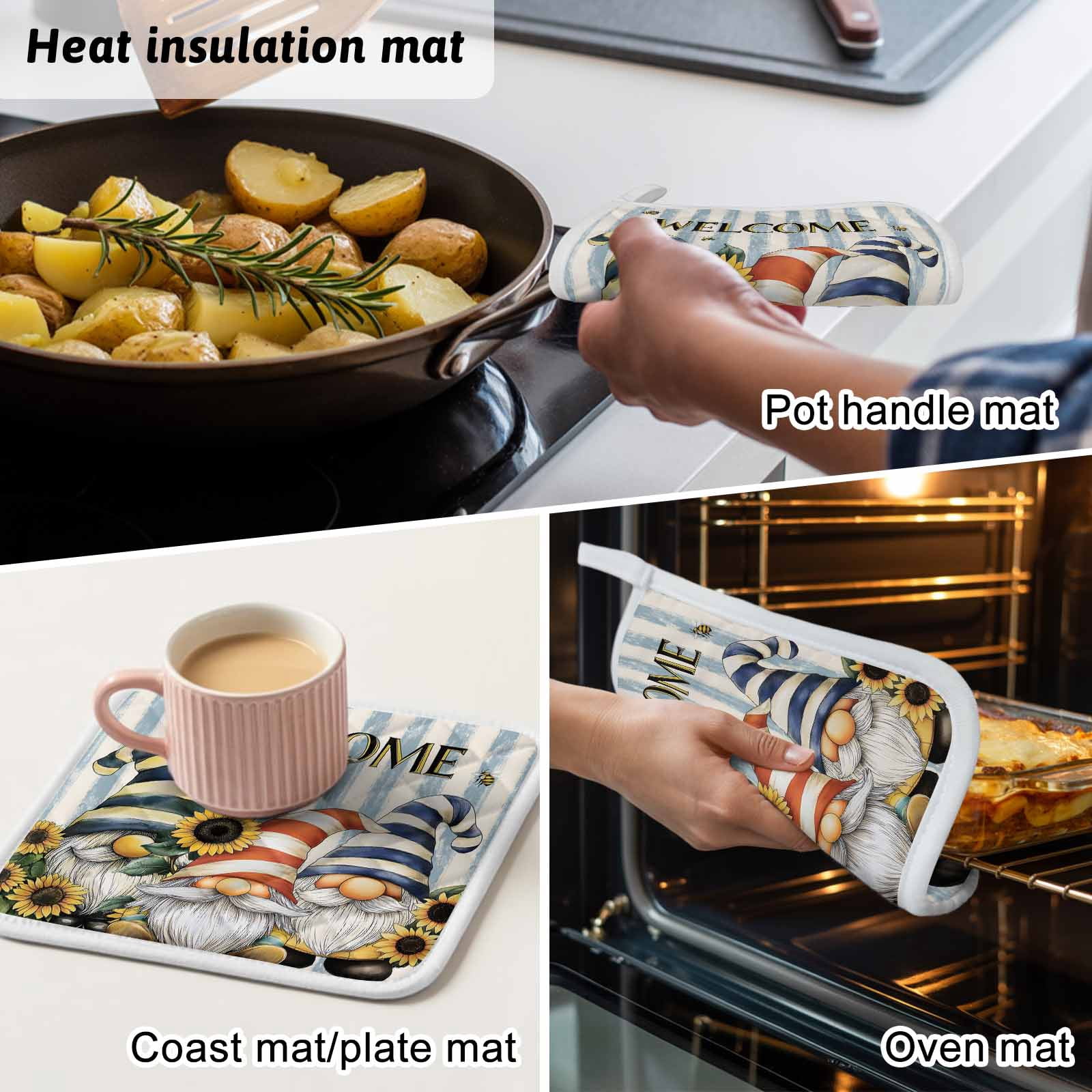 Sunflower Gnomes Pot Holders for Kitchen Heatproof Potholder, 5 Pack Farmhouse Striped Bee Yellow Summer Flower Hot Pads Multipurpose Oven Pads Cloth Potholders Trivet for Cooking Baking