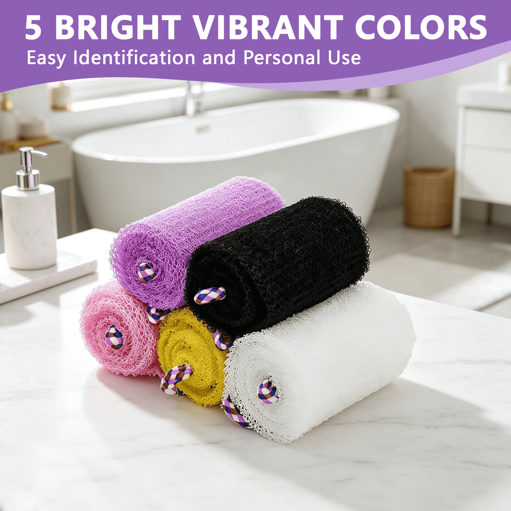 GARITIN African Net Sponge 5 Pack, Long Exfoliating Back Scrubber for Shower, Body Scrubber Exfoliator with Handles, Stretch Bath Net Wash Cloth for Skin Deep Cleansing