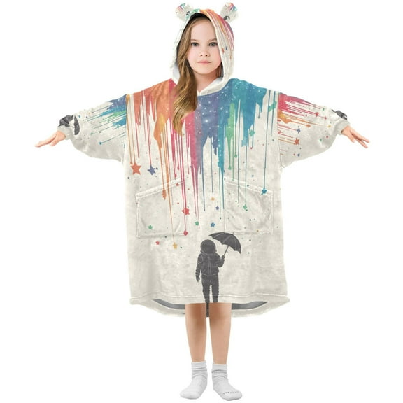 FORMRS Wearable Blanket Hoodie with Sleeves for Kids Cozy Flannel Sweatshirt, Black Astronaut