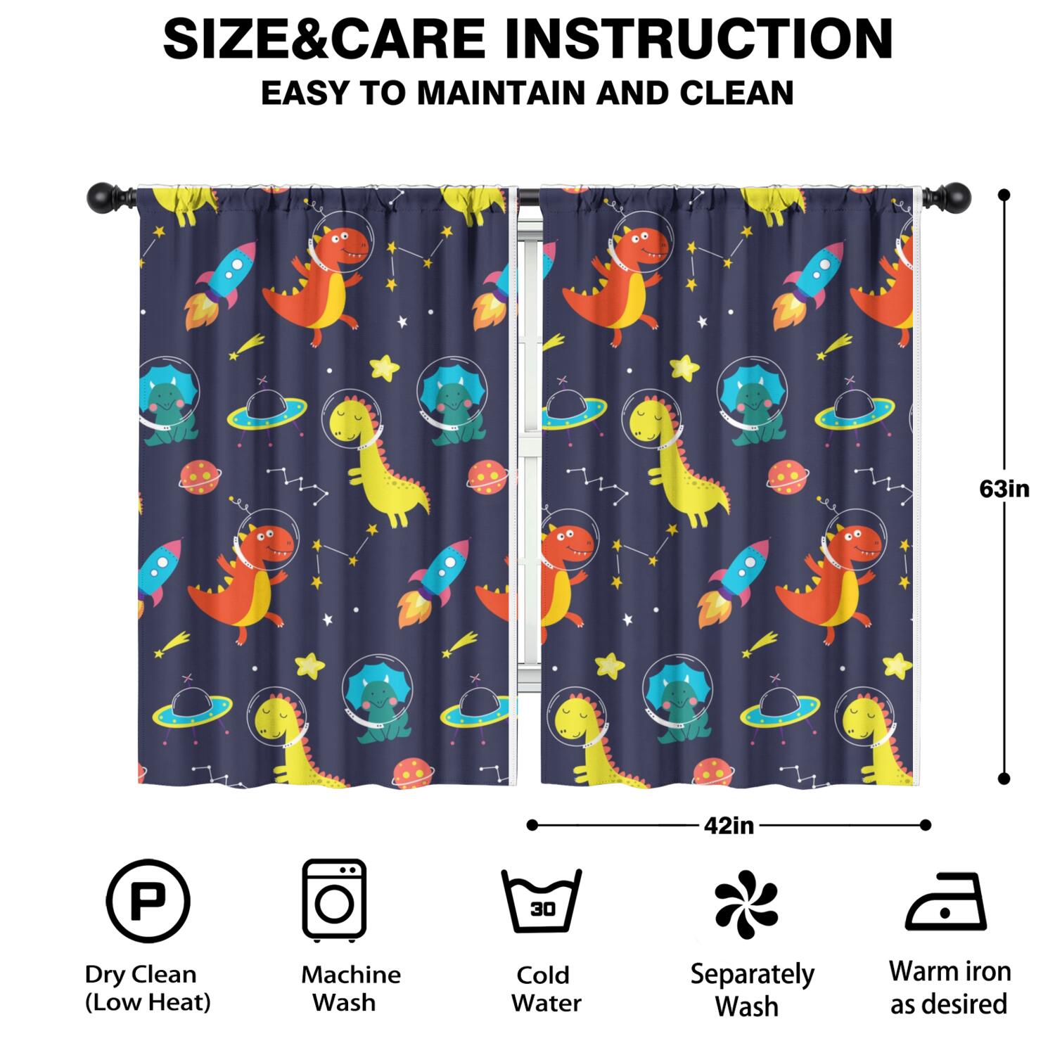 Funny Window Curtains for Kids Room - 42Wx63H Inch 2 Panels, Rod Pocket Colorful Cartoon Dinosaur Patterns for Boys Bedroom Decor Preschool Classroom Curtains Playroom Living Room Window Drapes