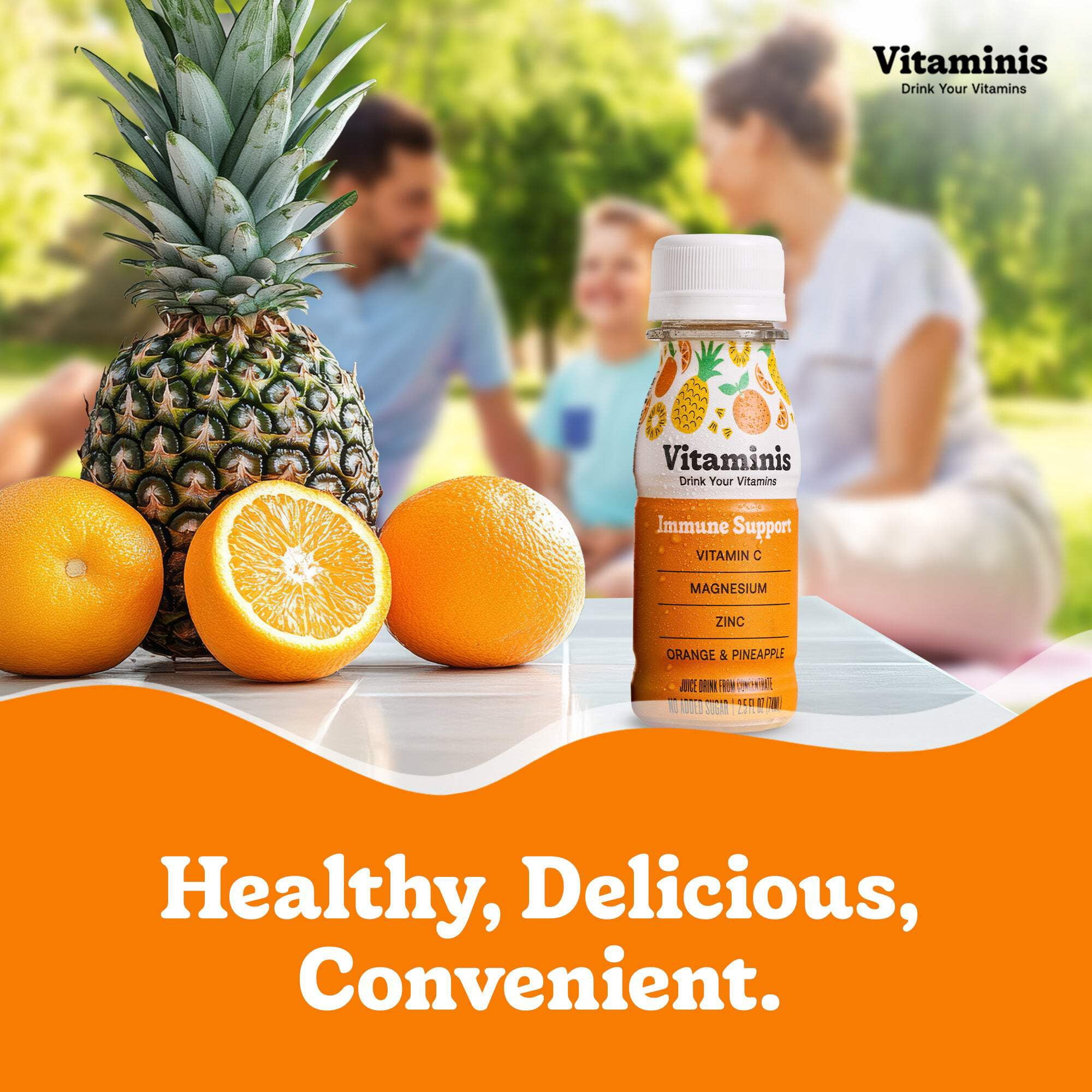 Vitaminis Immune Support Drink - Orange Pineapple Juice Drink with Vitamin C, Zinc & Magnesium - No Added Sugar - Ages 4+ - Shelf-Stable Mini Bottles - 2.5 fl oz - 12 Pack