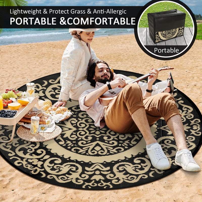 Aonewoe Round Outdoor Rugs 8Ft Waterproof Patio Plastic Straw Rug Reversible Camping Carpet Indoor Outdoor Area Rug for Patio,Deck,Balcony,Picnic,Beach,Outside