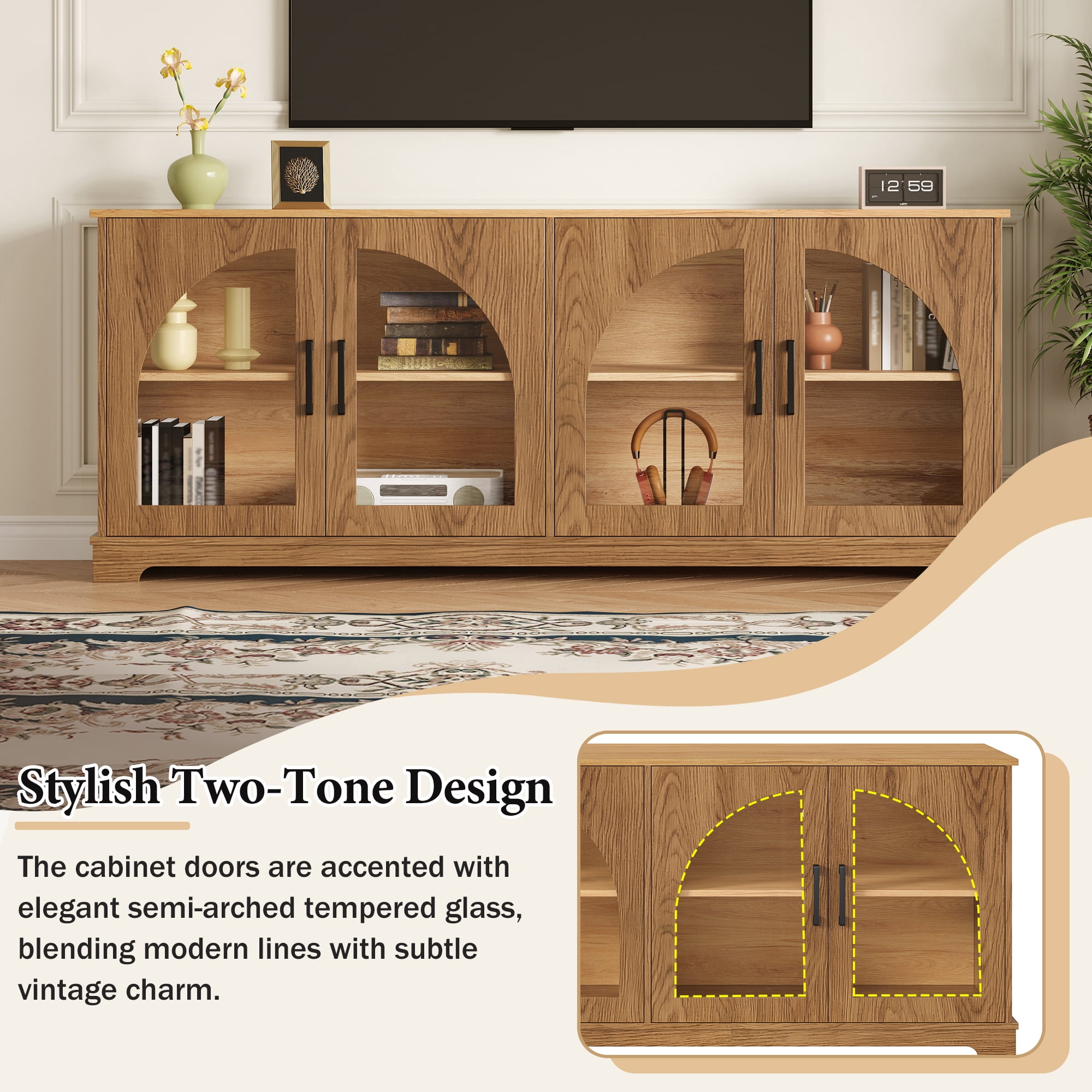 Homy Casa 67" Two-Tone TV Stand for TVs up to 70", Tempered Glass Doors and Storage Cabinet, Brown
