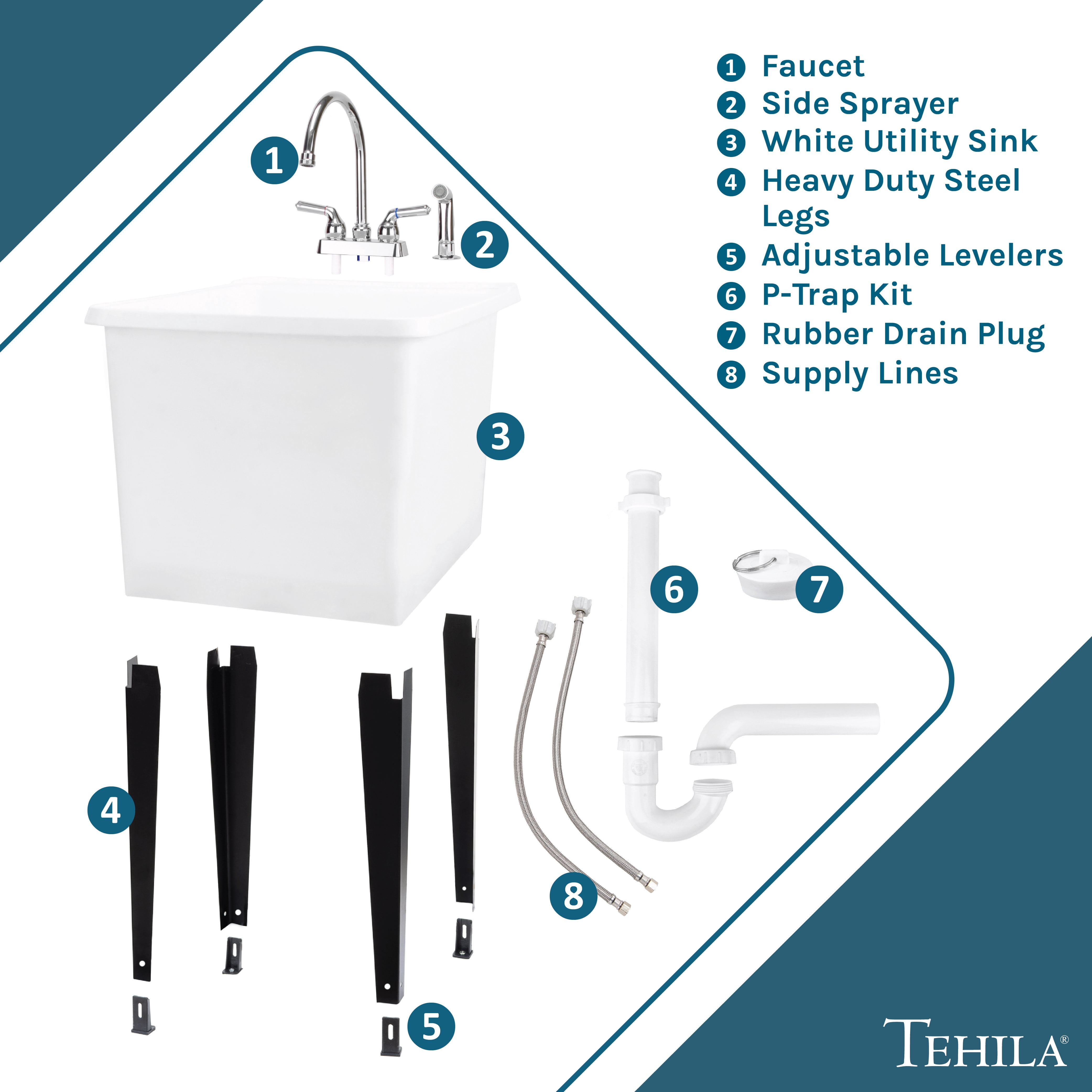 TEHILA Space Saver 16 Gallon White Utility Sink with Chrome Finish Faucet & Side-Sprayer