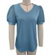 thumbnail image 1 of Camiseta con cuello en V para mujer, mangas cortas abombadas, empalme de encaje, Color puro, holgada, camiseta de verano, verde pavo real XL, 1 of 3