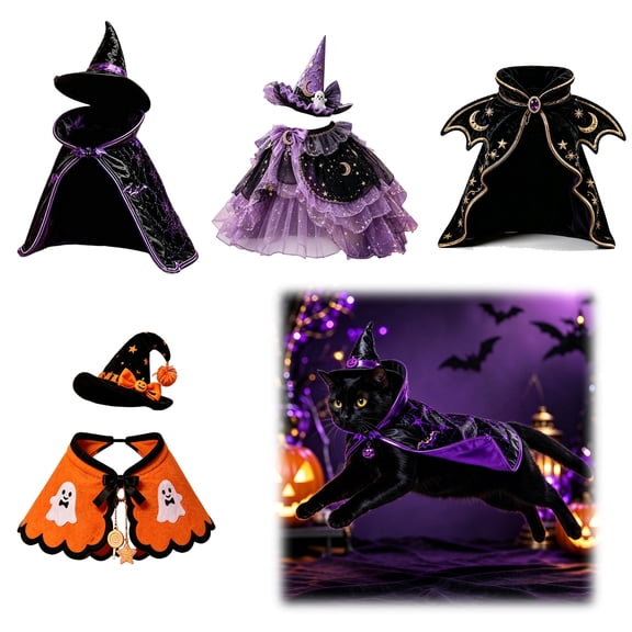 Halloween Cat Costume Witch Cloak Wizard Hat Pet Outfit for Cats Funny Dress Up Apparel for Halloween Parties Photos