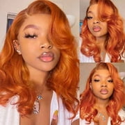 IFENG #88J Ginger Orange Color Lace Part Wig Body Wave Human Hair Wigs For Black Women, 16 Inch 4X0.75 T Part Lace Closure Wigs Middle Part Burnt Fall Color 150% Density
