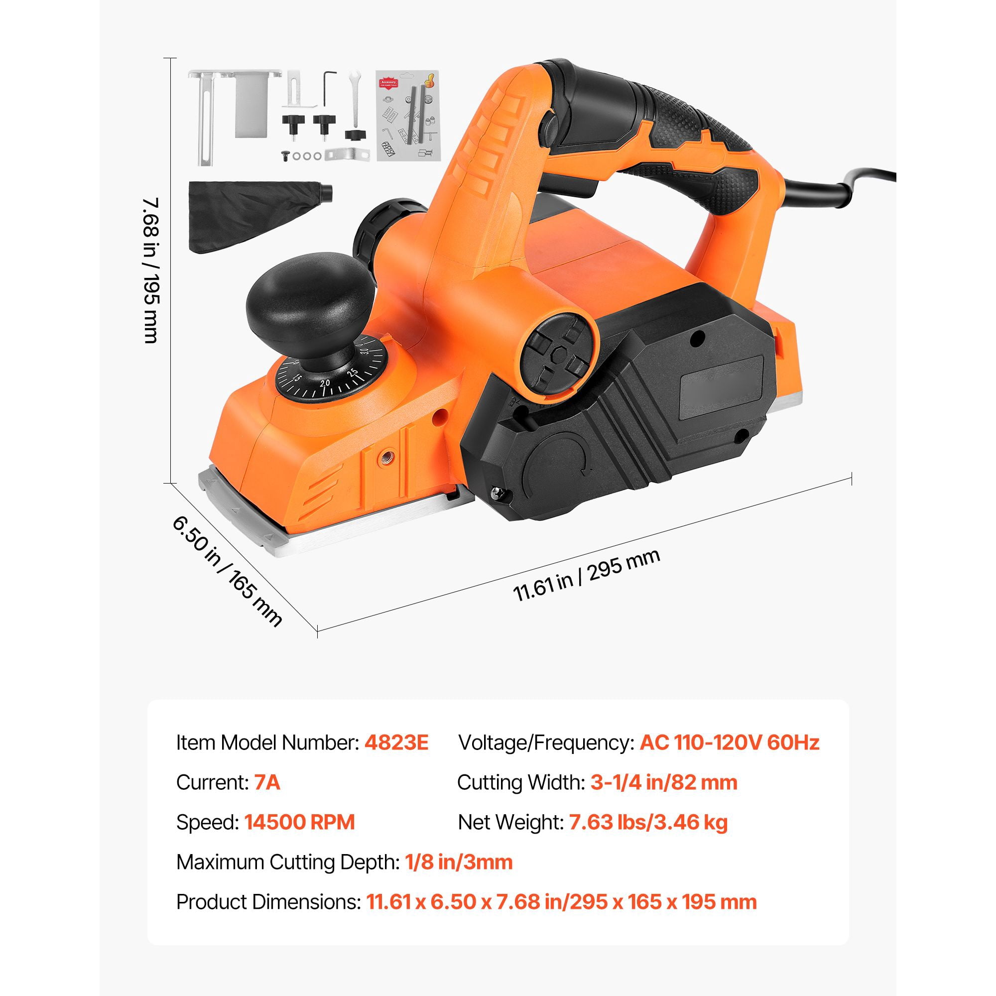Hand Planer with 3-1/4" Planing Width, 1/8" Depth, Adjustable Knob, Chamfering Groove, for Woodworking DIY Projects