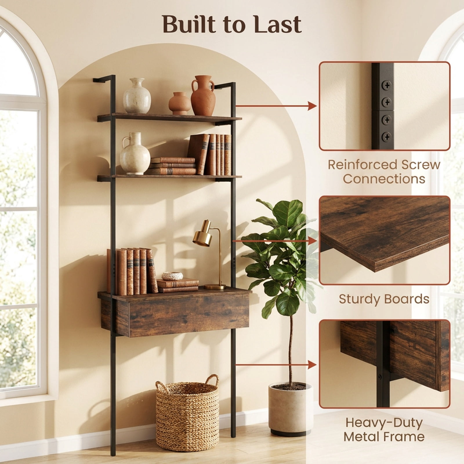 Furnibear 4-Tier Ladder Bookshelf with Drawer and Metal Frame for Living Room for Living Room Home Office Bedroom Display Storage Shelf, Rustic Brown