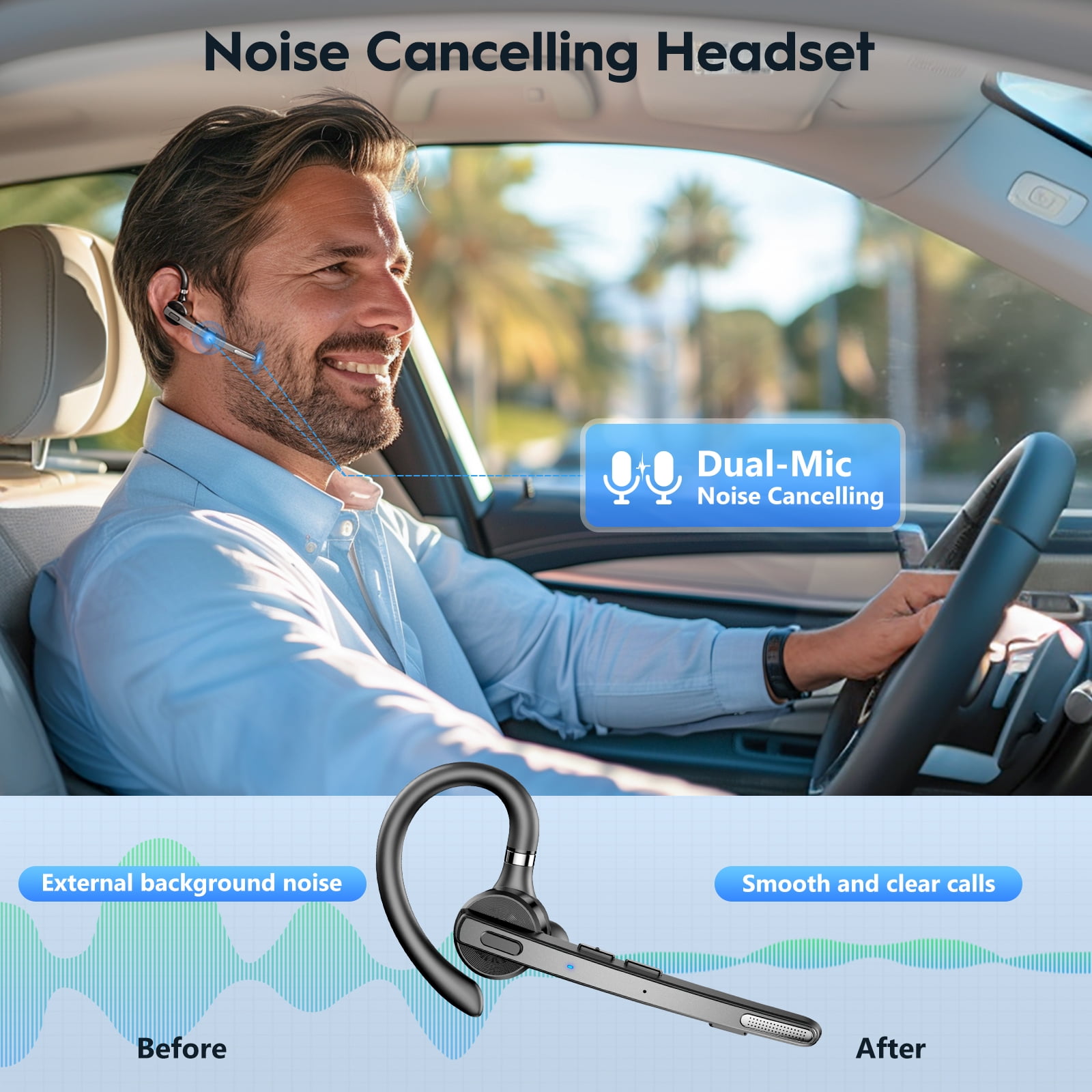 New Bee Bluetooth Headphones,V5.1 Wireless Bluetooth Earpiece, 72H Talk Time, 500mAh Charging Case, ENC Dual Mic, Dual Device Connect, Ear Hook Design, USB-C/Wireless Charging, for Work/Driving/Calls