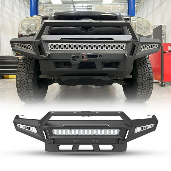 2005-2015 Toyota Tacoma Front Bumper with 2 D Rings & Light,Suitable for Steel Bumper and Plastic Bumper,Micro Texture Black Powder Coat