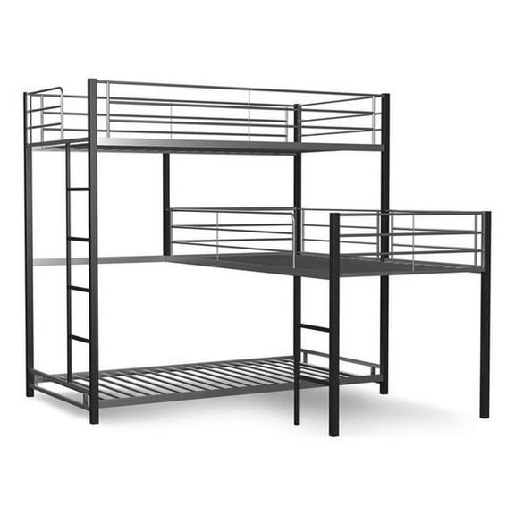 Pemberly Row Modern Steel Metal/Wood Triple Twin Bunk Bed in Sand Black
