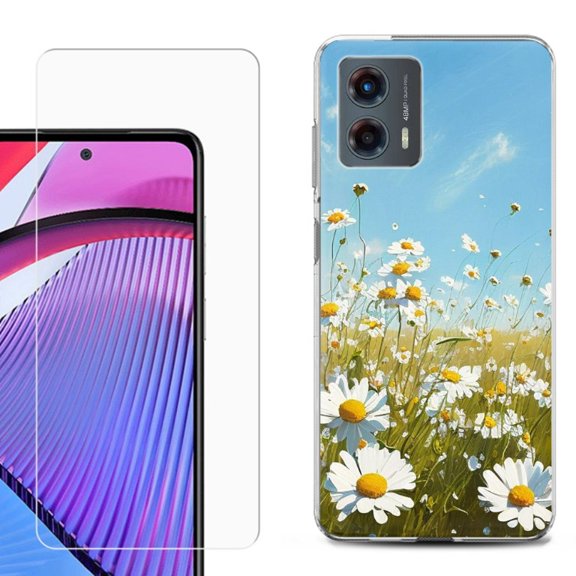 OneToughShield ® Compatible with Motorola Moto G 5G 2023, Shockproof Phone Case, with Tempered Glass Screen Protector - Daisy Field