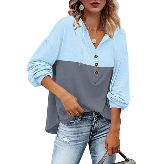 CHGBMOK Womens Hoodies V-Neck Long Sleeve Pullover Button Down Colorblock Sweatshirts Tunic Tops With Drawstring