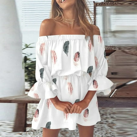 

jsaierl Stylish Women s Summer Casual Off Shoulder Bell Sleeve Solid And Printed Dresses for Women 2022