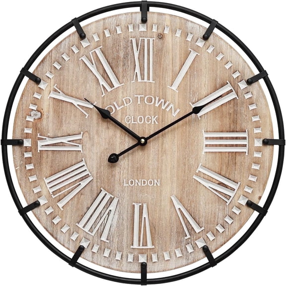 MODE HOME 24 inch Farmhouse Rustic Wall Clock, Silent Battery Operated with Metal Circle and Engraved Numerals