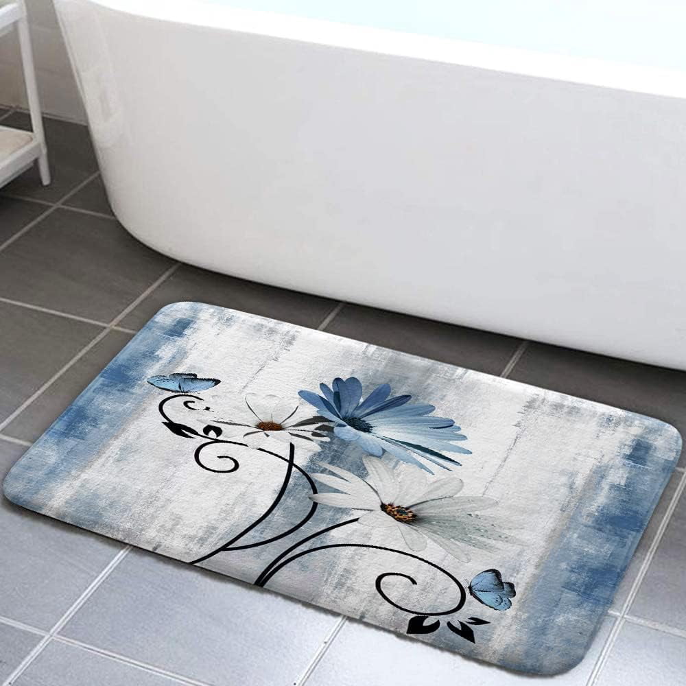 Rustic Farmhouse Bath Mat Set, Farm Blue Daisy Floral Flowers and Butterfly on Country Wooden Bathroom Mat Set with Non-Slip Bath Rug, Soft Toilet Lid Cover and Contour Mat, Turquoise Blue (Blue-)