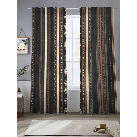 Black Beige Boho Sheer Curtains for Living Room Bedroom Vintage Abstract Geometric Ethnic Sheer Curtains 96 Inch Long 2 Panels Set Light Filtering Curtain Window Treatments Drapes for Dining Room