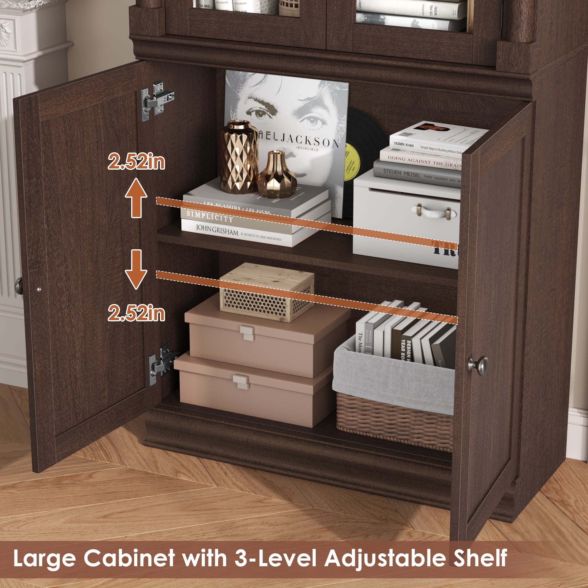 Homfa 71"H Bookcase with Glass Doors, 5 Tier Storage Bookshelf with Adjustable Shelf for Study Home Office,Reddish-Brown