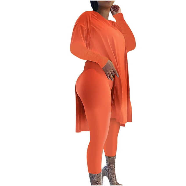 Frostluinai Two Piece Sets for Women Long Sleeve Side Split Tops Butt Lifting Leggings Plus Size Solid Workout Sets Loose Fit Sweatsuits