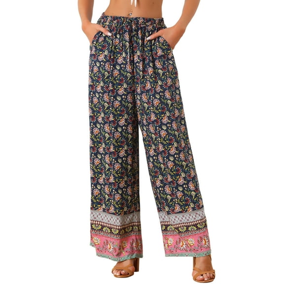 INSPIRE CHIC Women's Boho Floral Pants Beach Elastic Waist Palazzo Wide Leg Trouser with Pockets XS Navy Blue