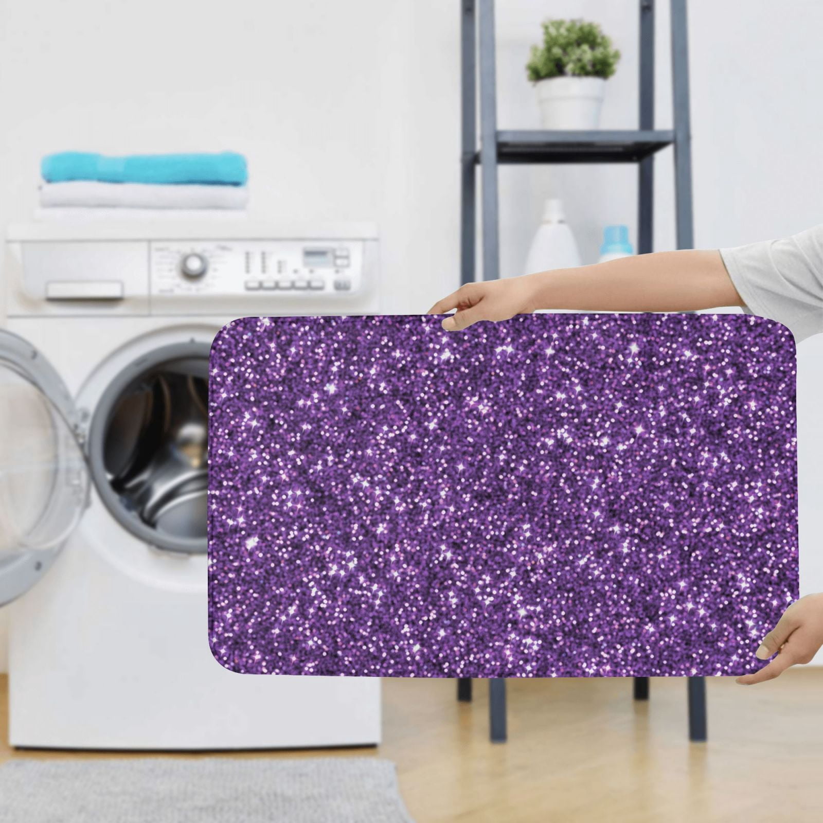 Bathroom Rugs Sets 3 Piece - Purple Glitter Absorbent Non Slip Bath Mats, U-Shape Toilet Lid Cover, Contour Mat, Soft Washable Shower Mats Bath Rug Mat for Bathroom Tub Toilet