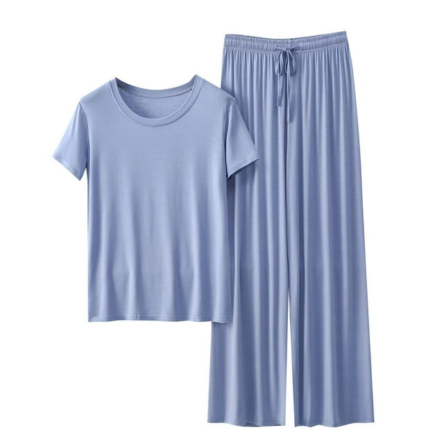 yoeyez Ensembles de Détente pour Femmes Pyjamas en Modal à Manches Courtes 2 Pcs Chandails à Col Rond et Pantalons à Jambes Larges Ensembles de Détente Pjs Bleu Pâle,L