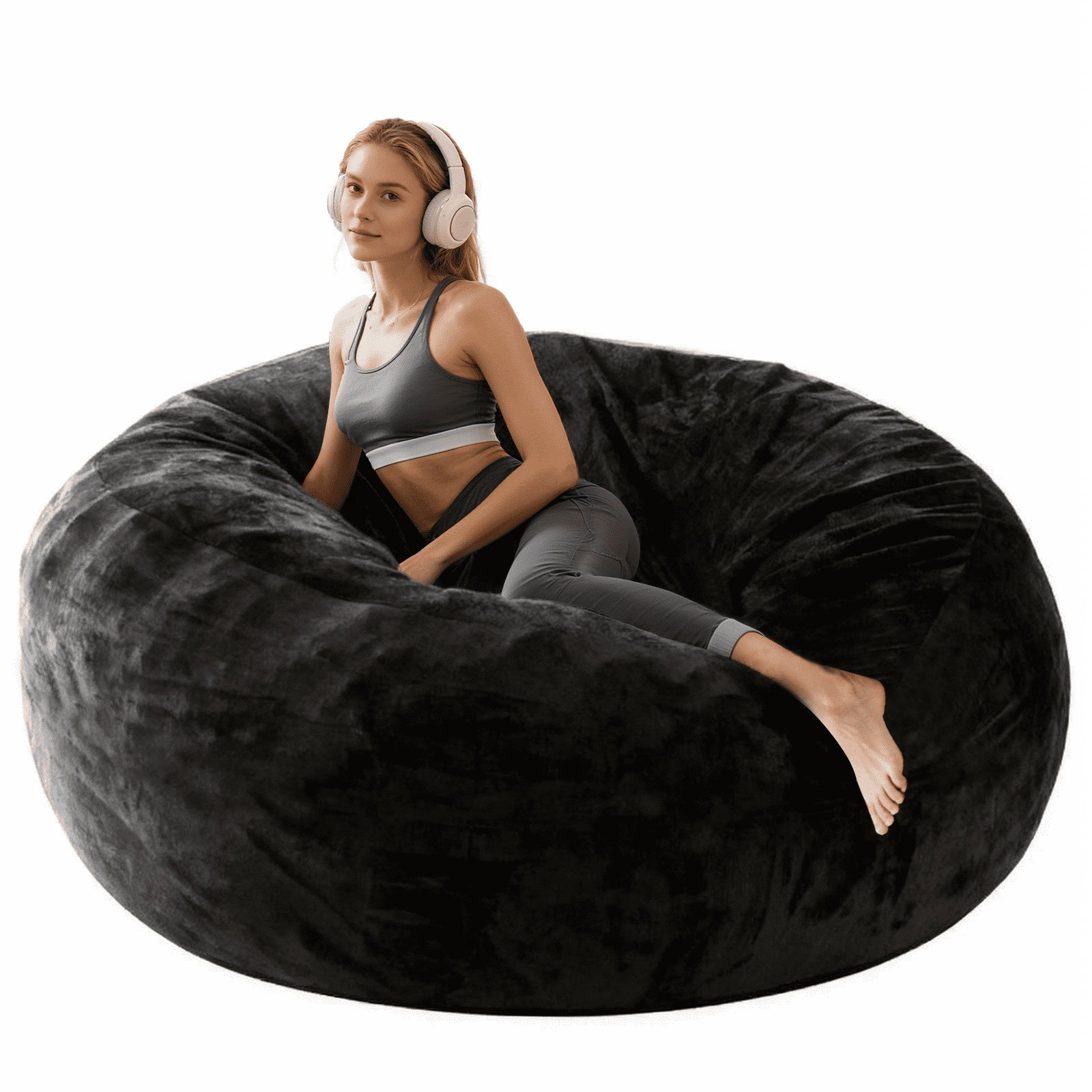 Sanae 6FT Large Bean Bag Chair, Memory Foam Sofa with Washable Suede Cover, Reinforced Zipper for Adults Kids Living Room Bedroom, Black