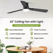 42 Modern Ceiling Fans with Light - 6 Speed, Remote Control, Reverse Airflow, LED Bulb, Flush Mount for Bedroom Living Room