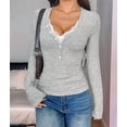 thumbnail image 5 of Women Lace Henley T Shirts Button Down Slim Fit Tops Long Sleeve V-Neck Tunic Top Blouse Light Gray M, 5 of 8