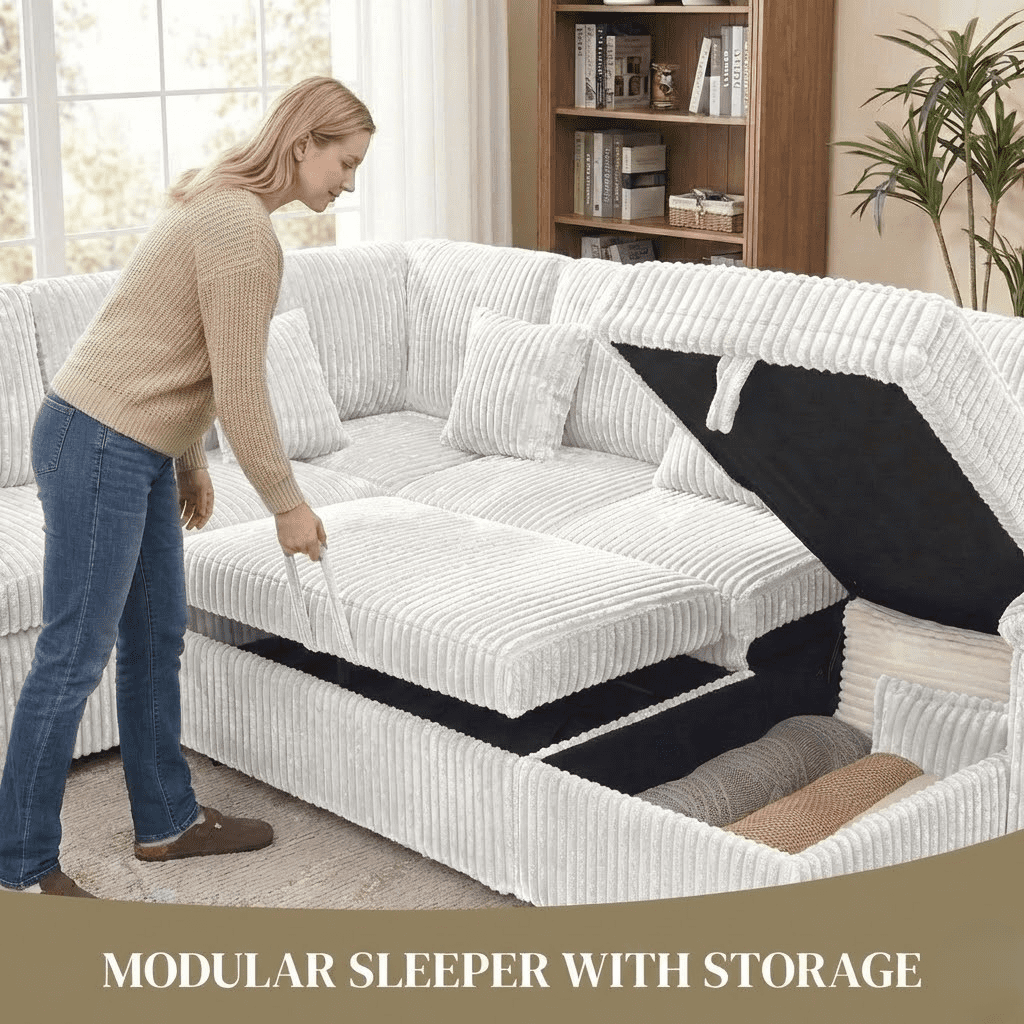Howcool Modular Sectional Sleeper Sofa with Pull-Out Bed, U-Shaped Convertible 7-Seat Cloud Couch with Storage Chaise & USB Charging, Plush Corduroy Sectional for Living Room,Beige