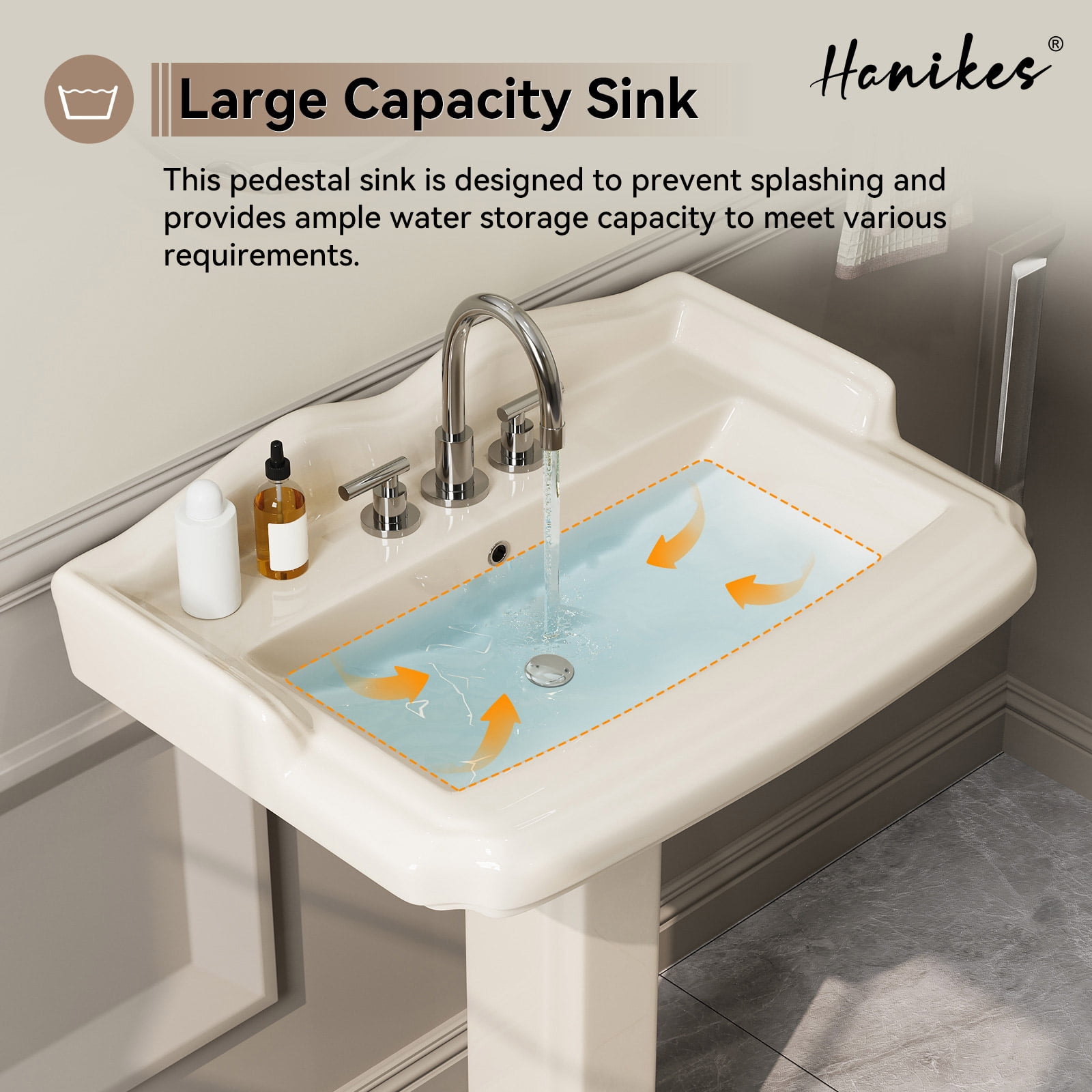 HOROW 23x19 Inch Bone Colored Pedestal Sink Combo with Overflow and Single Faucet Hole, Ceramic Bathroom Vanity Sink