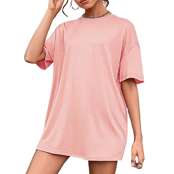 Summer Sun Dresses for Womens 2026 Fashion Plus Size Round Neck Solid Color Medium Short Sleeved T-shirt Short Skirt