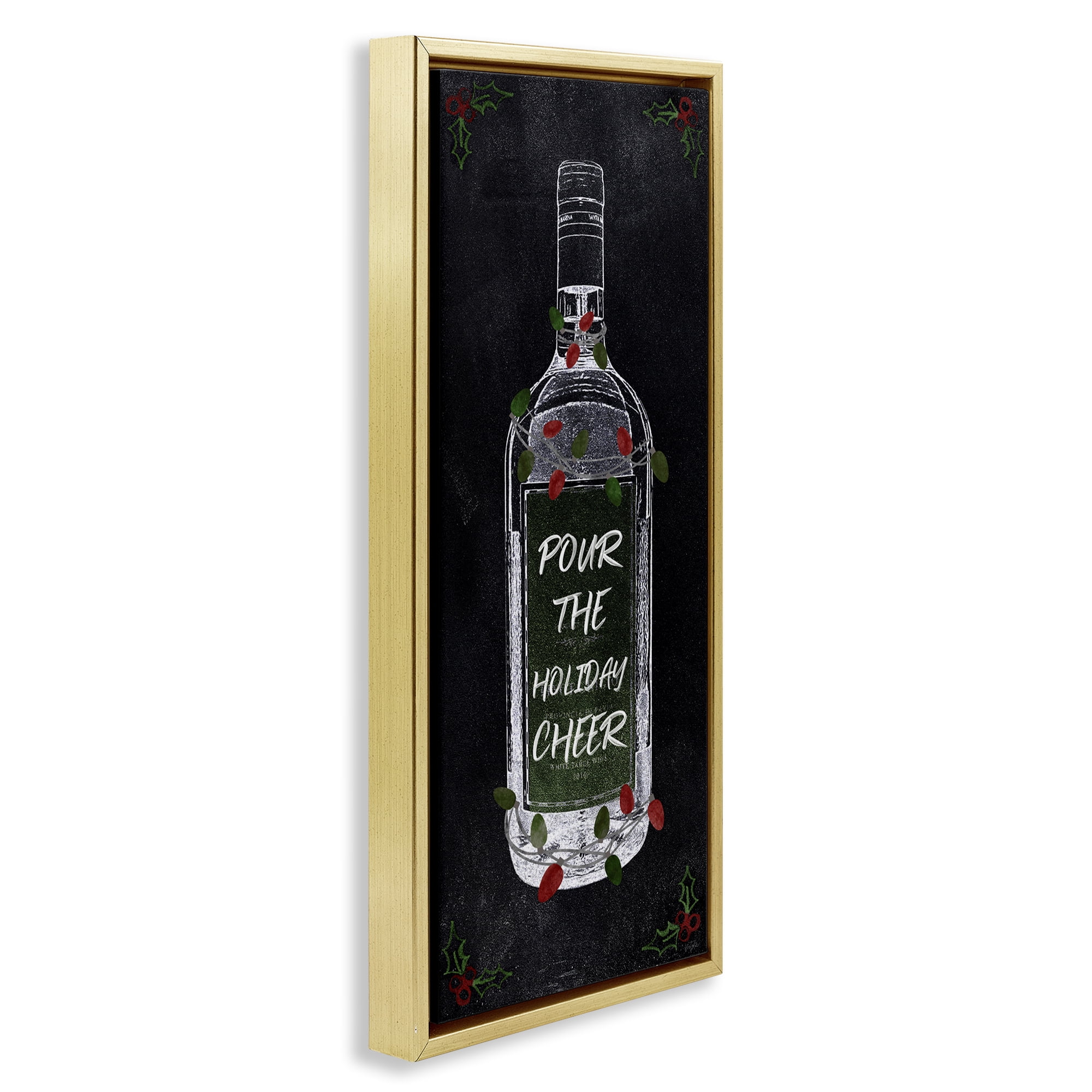 Stupell Industries Pour Holiday Cheer Bottle Holiday Painting Gold Floater Framed Canvas Art Prints Wall Art, 11 x 25