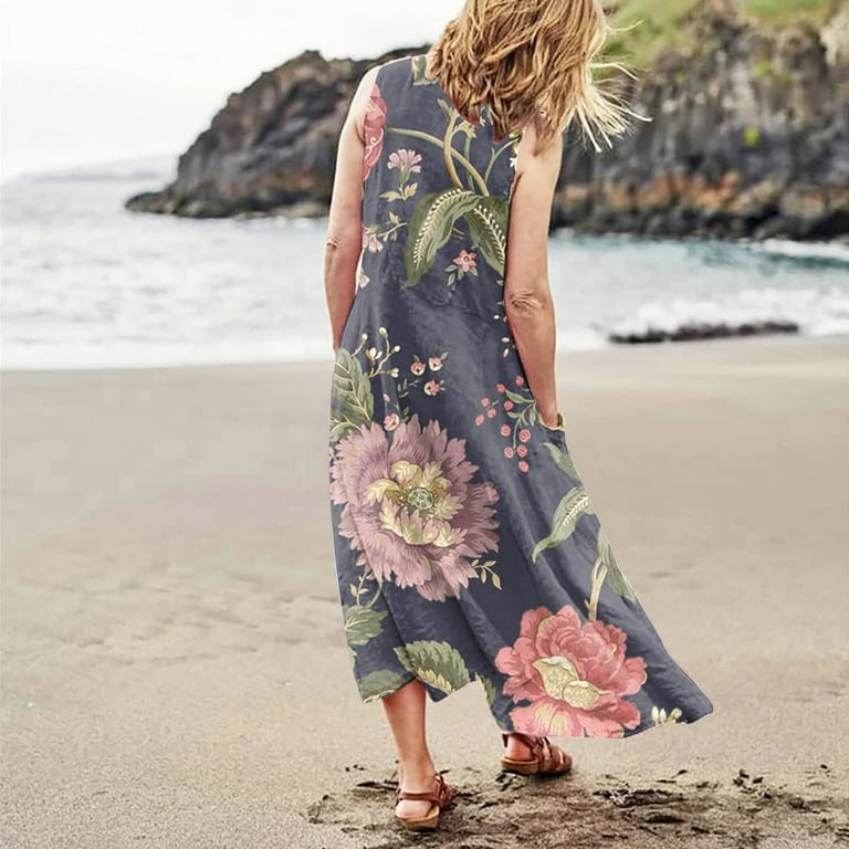 Ovticza Cute Summer Dresses for Women Trendy Boho Flowy Maternity Maxi  Dresses Floral Tank Long Sundresses Sleeveless Cotton Linen Sundresses Over  50 with Pockets Blue S - Walmart.com