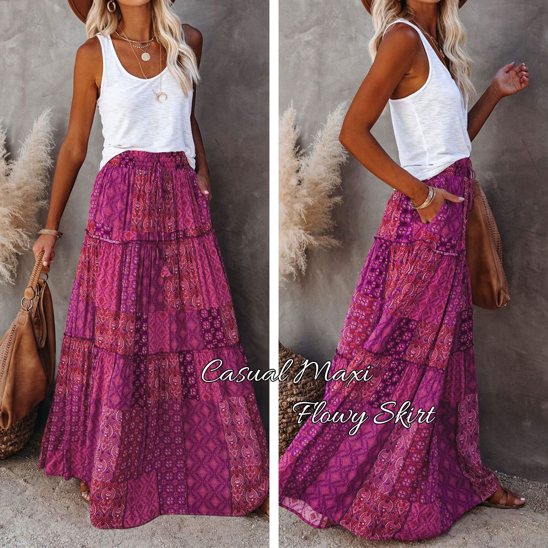 Astylish Purple Maxi Skirts Summer Boho Long Skirt Paisley Print Skirts  Baggy Casual Holiday Beach Hawaii Skirts Size XL