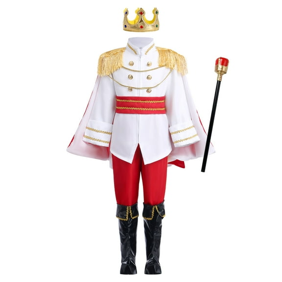 FYMNSI Boy Prince Charming Costume Halloween Carnival Cosplay Fancy Dress Up Medieval Royal Prince King Knight Outfit for Kids Jacket Top Cape Pants Crown Scepter Set 7-8 Years Red Cape Set