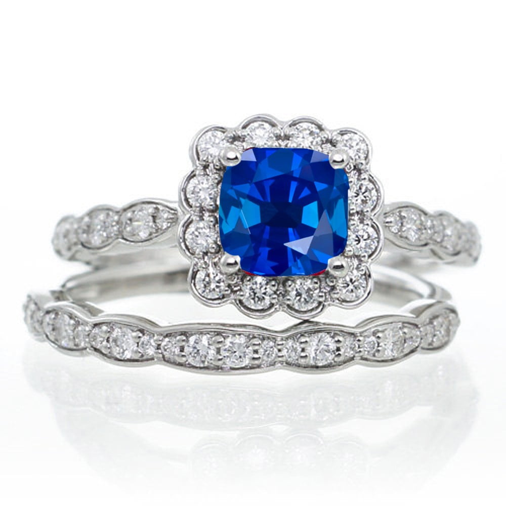 2 Carat Princess Cut Sapphire and Diamond Wedding Ring set on 10k White ...