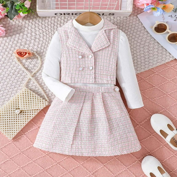 NAISIBABY Girls Dress Sets, Long Sleeve Knitted Shirt Lapel Plaid Jacket and Skirt Fashion 3-Piece Dresses Pink 7-8T