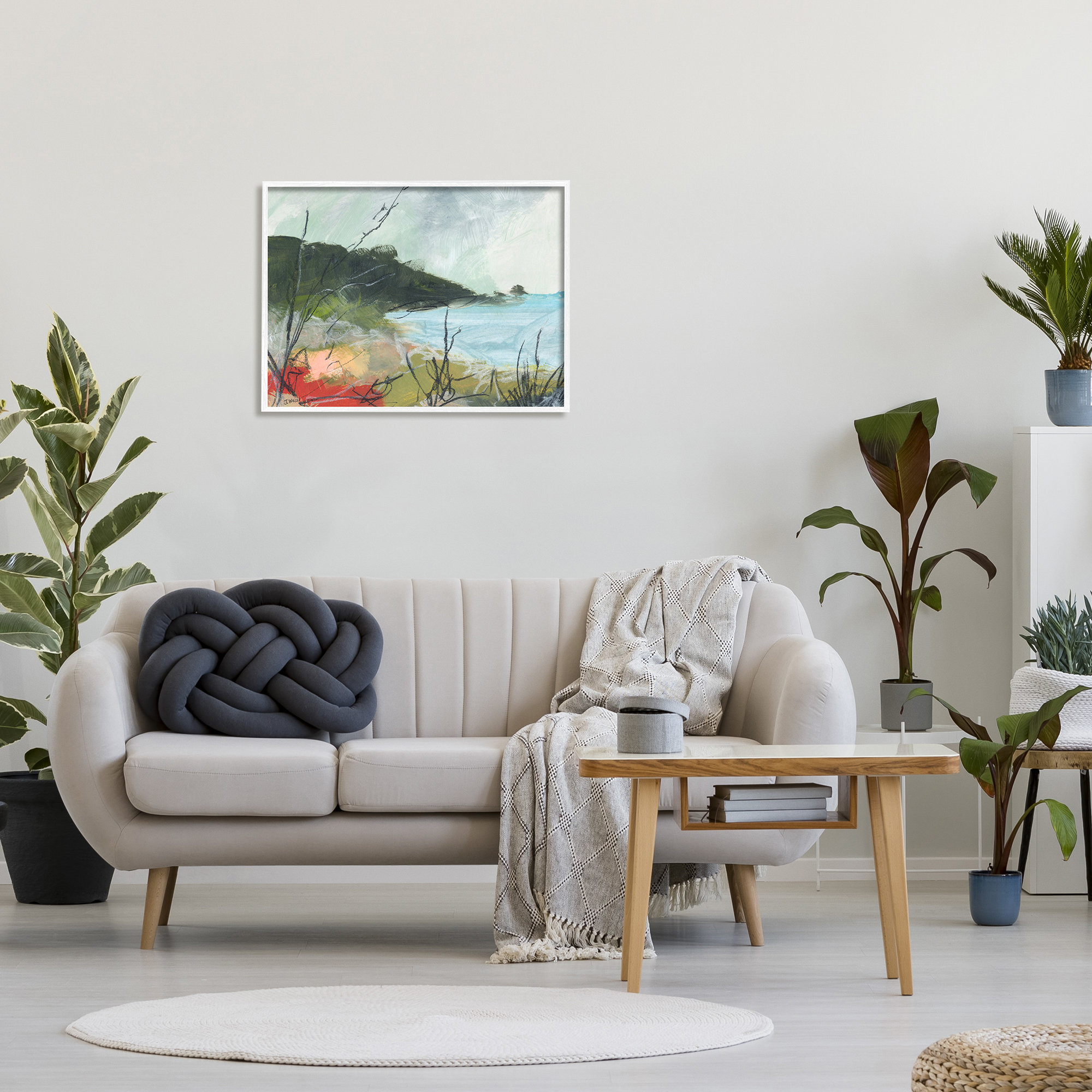 Stupell Industries Nautical Cove and Grassy Cliff Scratch Line Abstraction Nature Painting White Framed Art Print Wall Art, 24 x 30