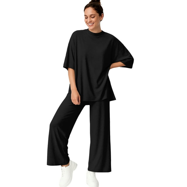 Moomaya Womens 2 Piece Lounge Set - Split Hem Tunic Top and Soft Pants with Pockets - Maternity Friendly Loungewear Set