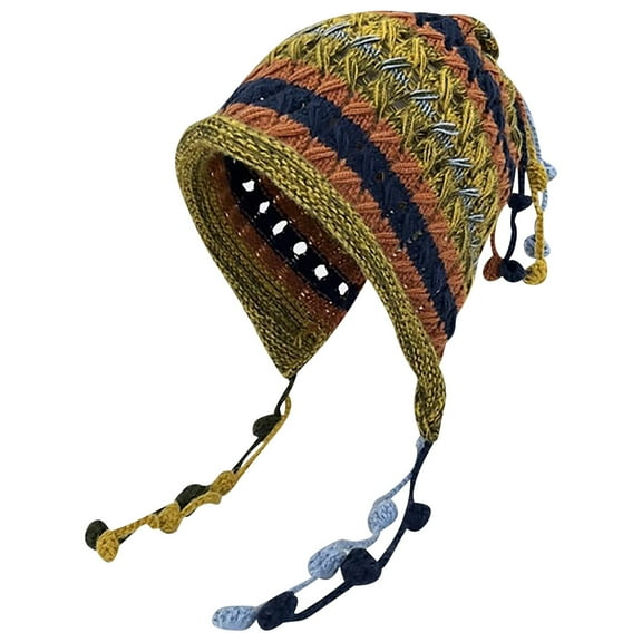 Xfvqtps Womens Beanie Colorful Crochet Tassel Ear Flaps Multicolored Striped Ear Protection Retro Bohemian Style Fall Winter Skull Cap Army Green