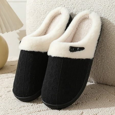 

Solid Color Button Decor Plush Slippers Women Ultra Soft Comfort Knitted Cotton Slippers for Home Winter Warm Flat Fur Slippers (Black 38-39)