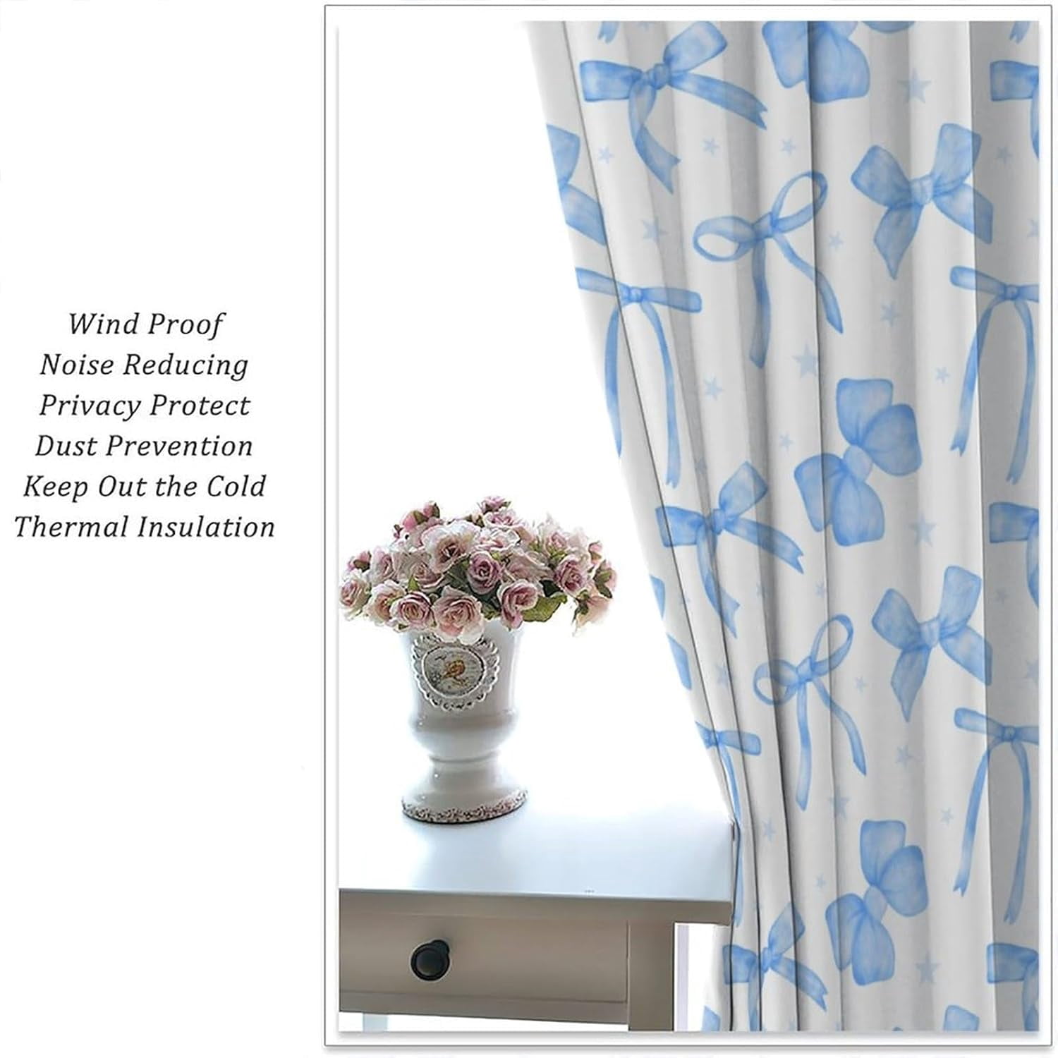 Blue Bow Curtains for Girls, Coquette Ribbon Bow Princess Romantic Aesthetic Window Drapes Curtain for Kids Girls Bedroom Livingroom Bathroom, 63" W X 63" L